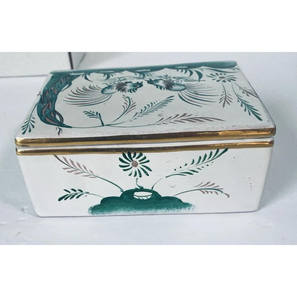 VTG  Porcelain trinket Box Roster  Bird Flower  Green W Gold Trim Italy ARS 792